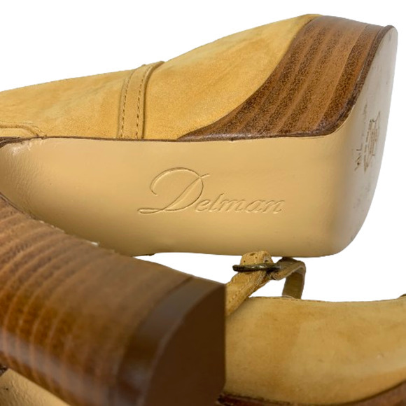 DELMAN Tan Leather Peep-Toe Platform‎ Heel Slingback Sandals - Picture 11 of 13